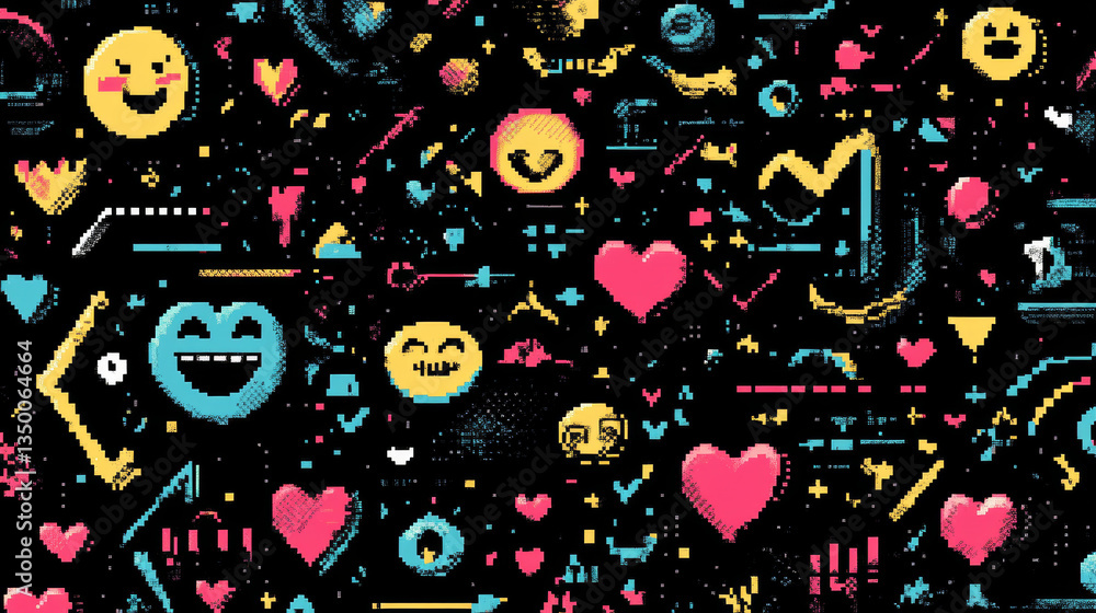 Poster trendy y2k design style poster layout with pixel art abstract elements and shapes of heart, smile fa