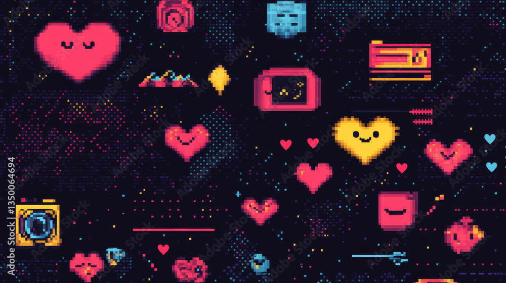Poster trendy y2k design style poster layout with pixel art abstract elements and shapes of heart, smile fa