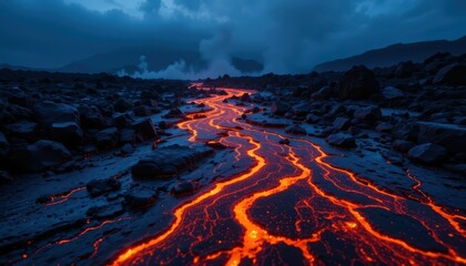Tumultuous Lava Flow Glows Brightly Against Dark Backdrop at Night