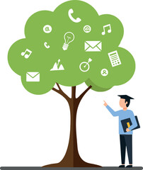 A student standing beside a large green tree adorned with communication icons in a flat design vector illustration