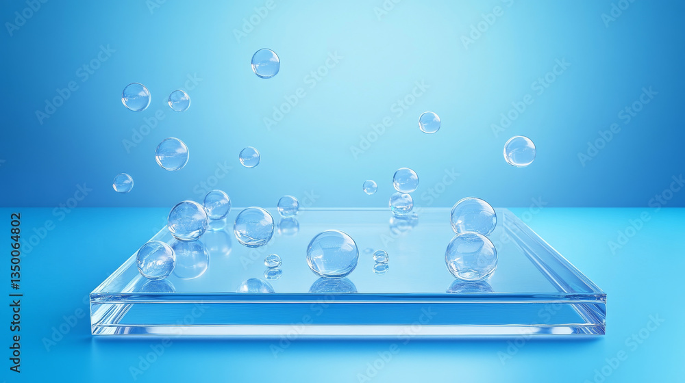 Poster round glass product podium with floating blob bubble formations on soft blue backdrop. minimalist lu