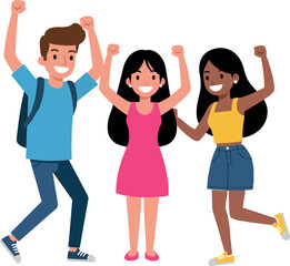 Obraz premium Three joyful friends celebrating together in a flat, colorful style of vector art with cheerful expressions and lively poses