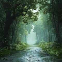 Obraz premium Tranquil Rainy Forest Path Scene