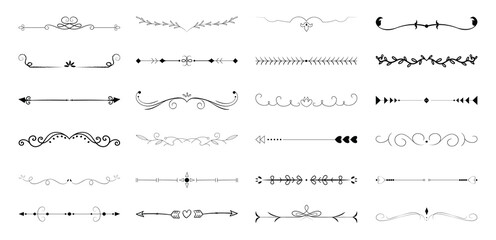 dividers doodle set. Wedding decorative elements. Divider ornament, borders, vintage line separators. Hand drawn vector illustration isolated on white background
