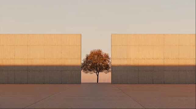Symbolic tree framed by concrete structures at sunset