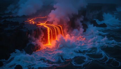 Fototapeta premium Lava Flowing into Ocean with Smoke and Waves at Night View