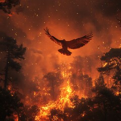 Fototapeta premium Intense Bird Flight Over Forest Fire