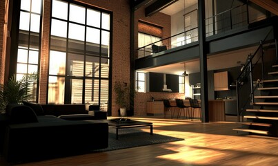 Fototapeta premium Loft apartment sunlit interior design, city view