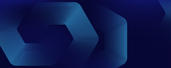 Abstract dark blue background with glowing geometric lines. Modern shiny blue hexagon lines pattern. Technology futuristic concept. Suit for poster, banner, brochure, cover, flyer. Vector Eps10