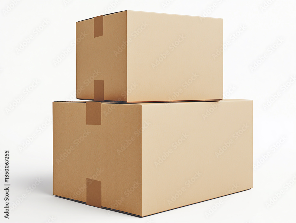Poster two stacked cardboard boxes with brown tape on a white background in a studio setting showing depth