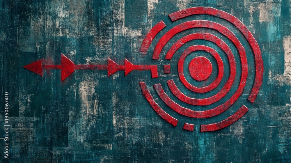 Aufkleber Red concentric circles target with arrow pointing towards the center on grunge texture background.