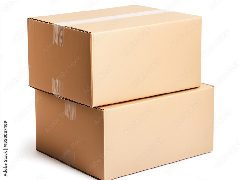 Aufkleber two stacked cardboard boxes sealed with tape on a white background in a studio setting view from the