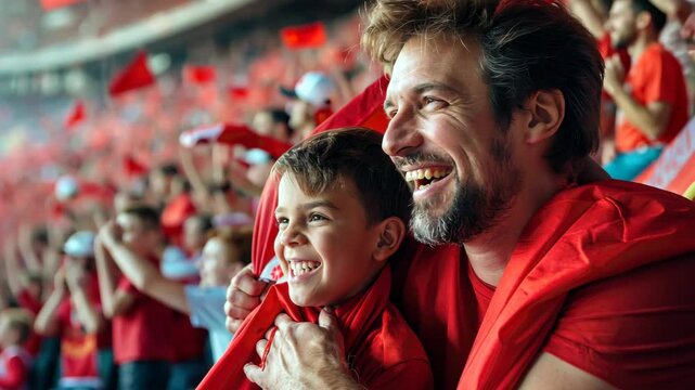 A father and son smile broadly while watching a sporting event surrounded by cheering fans.
Concept of: Generational fandom.