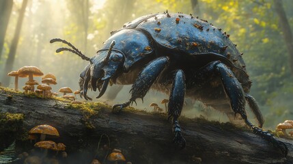 Giant beetle crawls on mossy log amidst mushrooms, sunlit forest backdrop