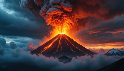Fototapeta premium Erupting Volcano With Thick Smoke and Lava Flow in Dramatic Evening Sky