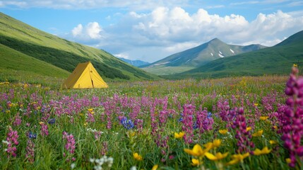 Vibrant Wildflower Meadow with a Yellow Tent in Mountain Landscape