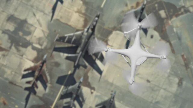 Real UAV Quadcopter Drone Flying Above A Military Air Base. Drone Restricted No-Fly Zone Series.