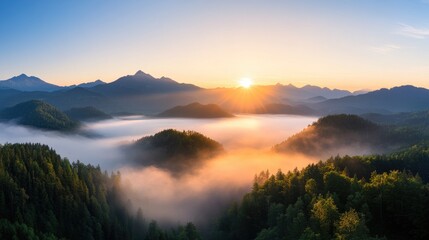 Fototapeta premium Misty Sunrise Mountain Range Aerial View