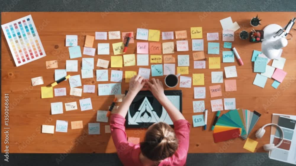 Poster top view of business team write graphic logo on meeting table with colorful sticky notes and design 