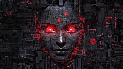 A digital art of an AI security system's interface, displaying facial biometric data and a female face in the center with red glowing dots representing eyes for full body capture.