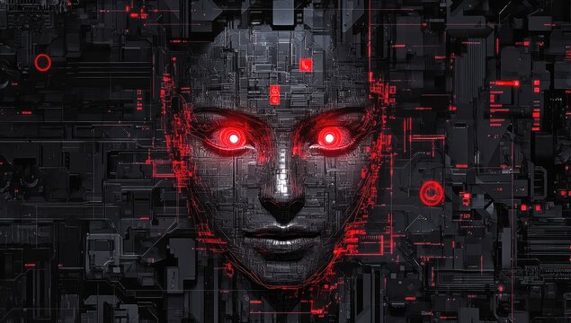 A digital art of an AI security system's interface, displaying facial biometric data and a female face in the center with red glowing dots representing eyes for full body capture.