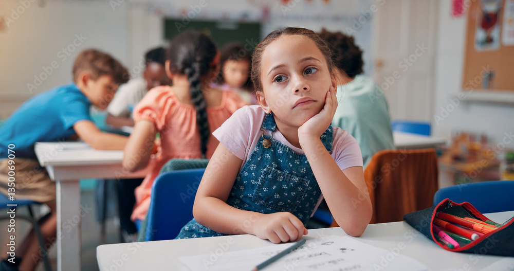 Poster Bored, thinking and student with girl in classroom for education, learning disorder and future. Problem solving, mental health and reflection with child with adhd in school for studying and idea