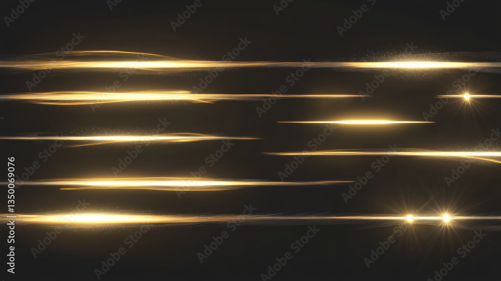 Poster horizontal golden light line with fade effect. realistic vector illustration set of glow flare burst