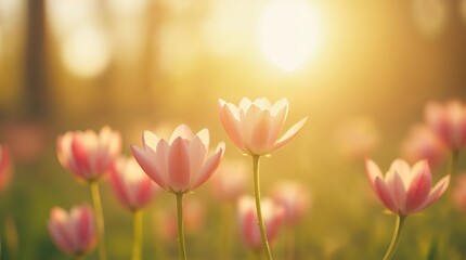 A serene field of pink tulips bathed in golden sunlight during sunset. Soft, warm, and dreamy, capturing the beauty of nature and the essence of renewal.