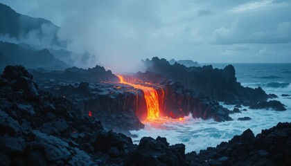 Naklejka premium Majestic Lava Flow Into Ocean Amidst Dramatic Rocky Landscape