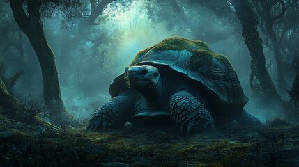 Giant tortoise in mystical forest at night.