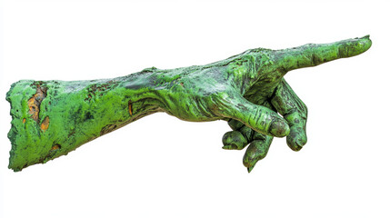 Zombie hand pointing finger, 3D illustration isolated on white background. Palm of green creature with creepy bones. Limb of scary Halloween monster showing direction. Creative spooky. 3D Illustration