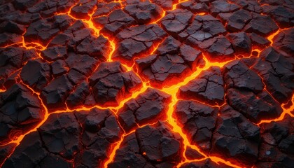 Cracked Lava Surface with Glowing Magma Flowing Between Rocks