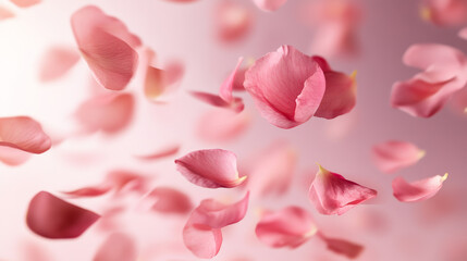 Pastel background with pink flower petal for spring time and spa service design. Realistic 3d vector falling and flying rose or sakura blossom leaves. Floral bloom elements for romantic concept.