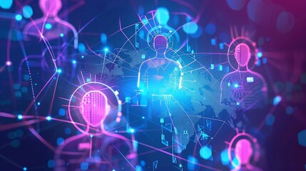 Obraz premium Global network connection; digital humans, world map background; tech presentation