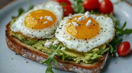 Avocado Toast Delight: A close-up captures the artful arrangement of avocado toast with perfectly cooked sunny-side-up eggs, a scattering of tomatoes, and fresh greens.