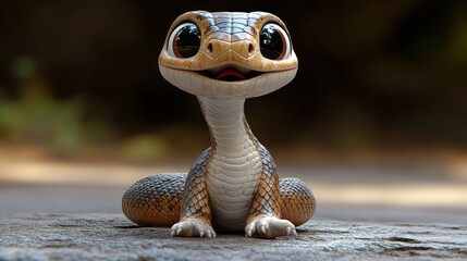 Obraz premium Cute cartoon snake, sitting, forest background, happy expression. Use children's book illustration, educational material