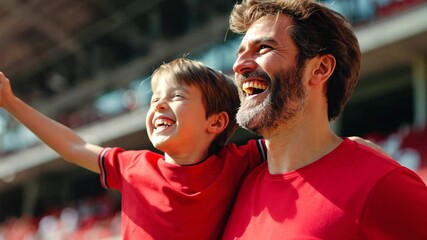 Father and son cheering for their team at a stadium, both wearing red jerseys and smiling with excitement. Concept of: Shared joy.