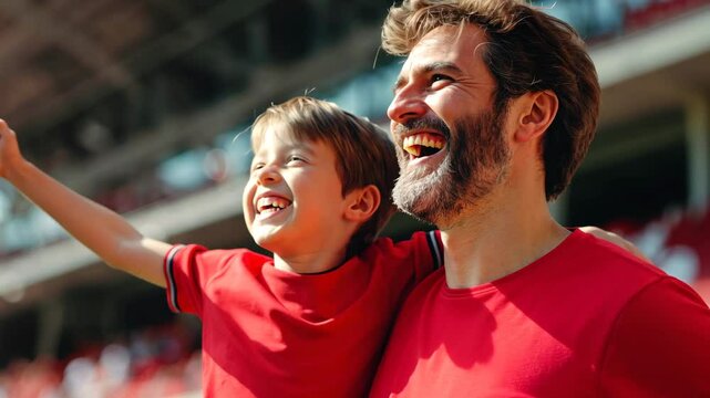 Father and son cheering for their team at a stadium, both wearing red jerseys and smiling with excitement. Concept of: Shared joy.