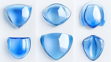 Glass security shields shown from different angles. Transparent protective emblems with blue glossy surfaces and reflective highlights for healthcare protection or defense software interface concept.