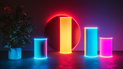 Colorful Neon Tubes with Plant in a Modern Minimalist Setting