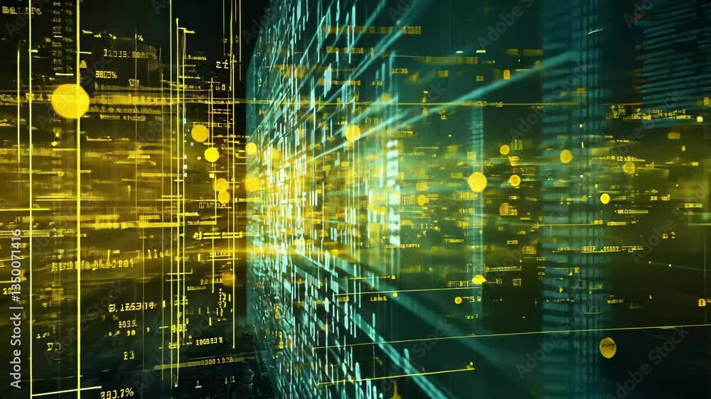 Poster currency symbols and data processing in a digital landscape with glowing visual elements, currency s