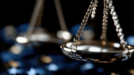 Precisely balanced scales of justice.  Detailed close-up view of a finely crafted scale
