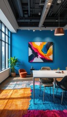 Modern Office Space with Colorful Art and Vibrant Decor Elements