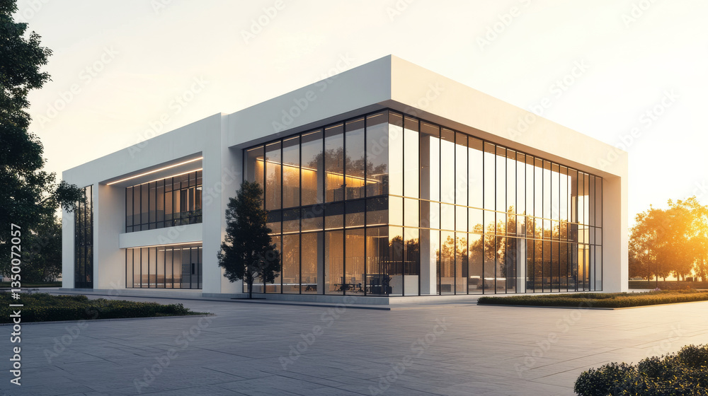 Poster futuristic white interior with rectangular columns and large windows. realistic architecture design 