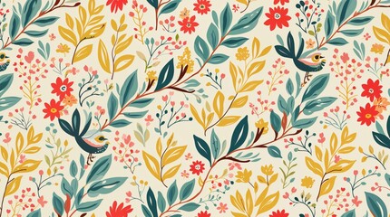 A lively floral pattern with birds, leaves, and vibrant flowers on a soft cream background. Playful, artistic, and nature-inspired, perfect for textiles and decor.
