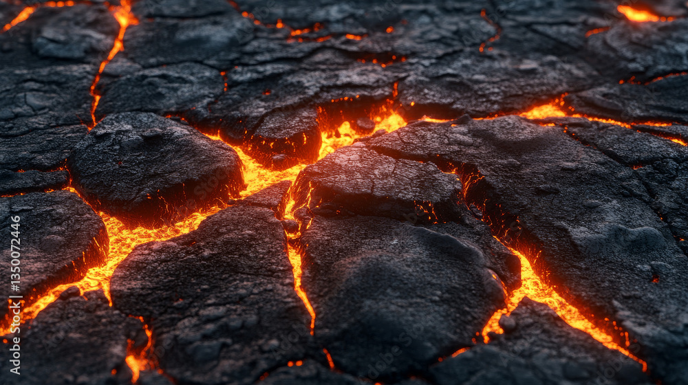 Poster dark ground surface with crack and glowing lava. realistic 3d vector illustration of magma in broken