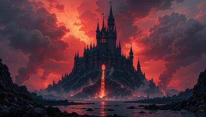 Naklejka premium Majestic Castle on a Fiery Mountain Against a Dramatic Sunset Sky