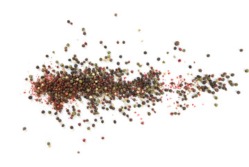 Different pepper mixes isolated on white background. Black, red and white pepper macro closeup