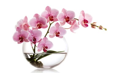 A delicate arrangement of pink orchids in a clear glass vase on a white background.