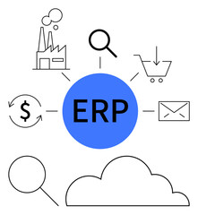 ERP in central blue circle connecting industrial factory, cloud, email, shopping cart, magnifiers, currency sign. Ideal for business management, process optimization, technology integration